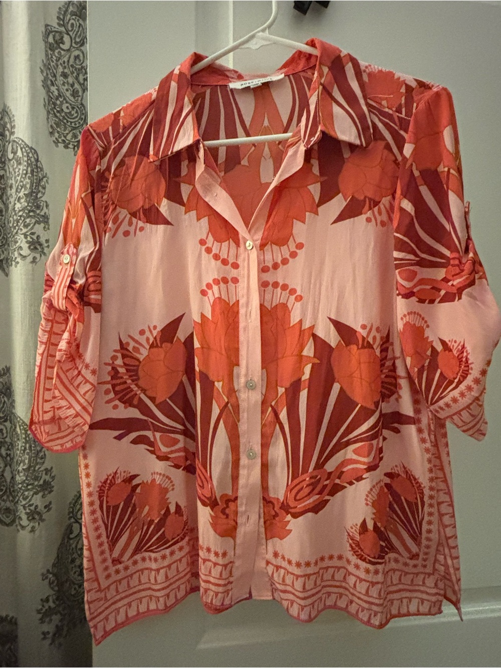 Rose & Olive Pink and Orange Floral Button-Front Blouse - Picture 2 of 6